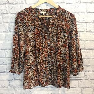 Joie 100% Silk Pleated Front Blouse Tan  Brown Womens Size M Medium Short Sleeve